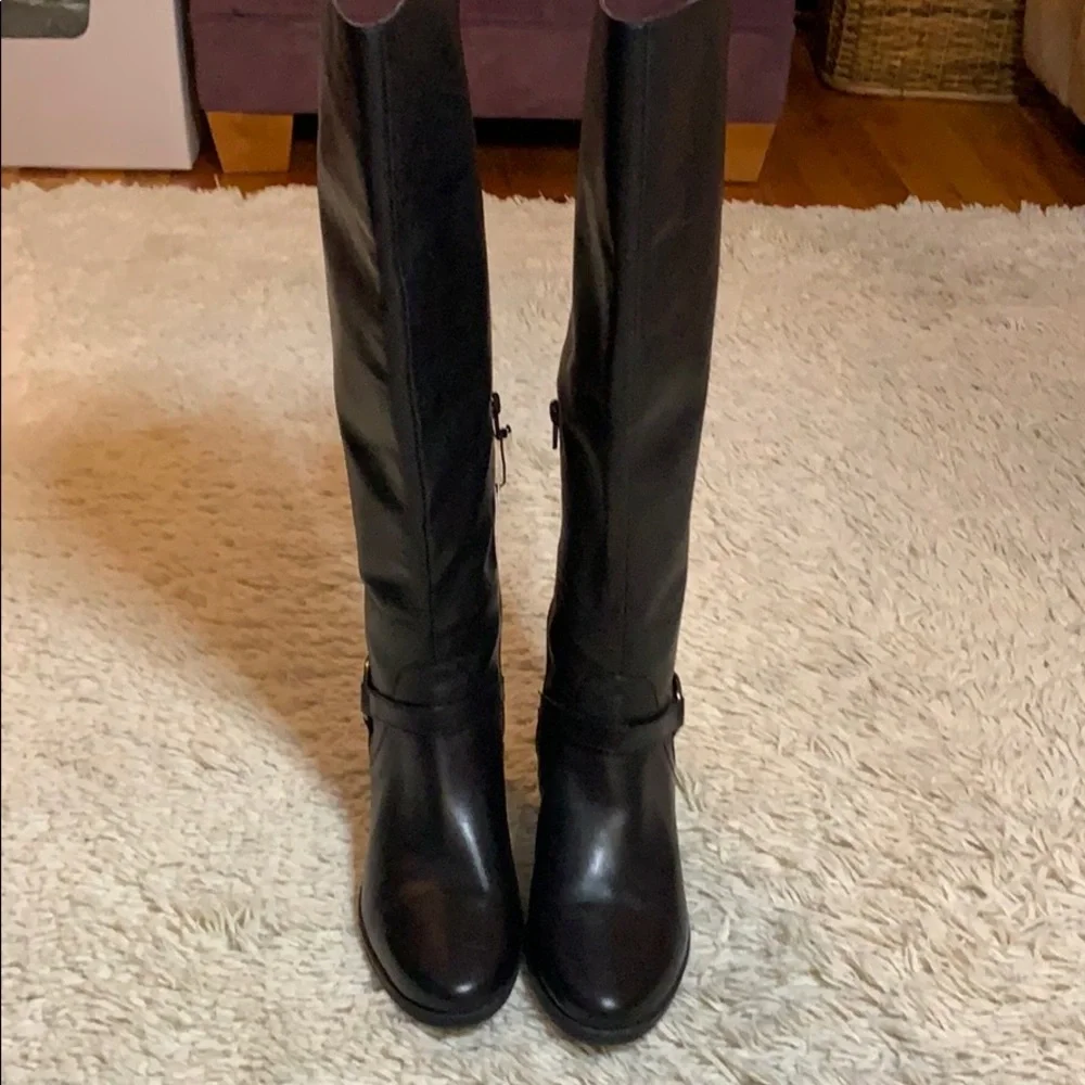 Anne Klein Black Wide Calf Leather Knee High Boots